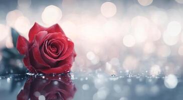 A red rose resting on a reflective surface after rainfall with blurred lights in the background photo