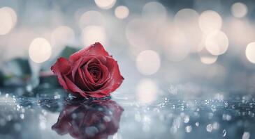 A red rose resting on a reflective surface after rainfall with blurred lights in the background photo