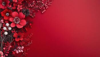 Vibrant red floral arrangement with white accents on a bold red background photo