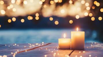 Three lit candles on a wooden table with a soft, blurred background at dusk photo