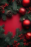Festive holiday setting with red drinks, pinecones, and ornaments on a dark countertop photo