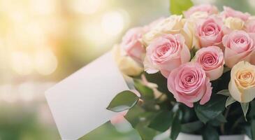 Bouquet of pink and cream roses with a blank gift card placed in a sunlit outdoor setting photo