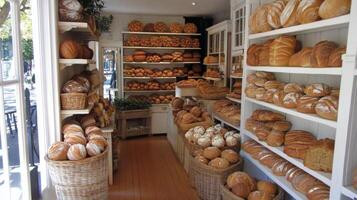 Artisan bakery interior filled with freshly baked loaves in a warm, inviting setting photo