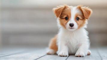 Cute puppy lying on wooden floor in brightly lit room, showcasing playful demeanor photo