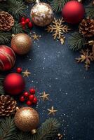 Festive holiday setting with red drinks, pinecones, and ornaments on a dark countertop photo