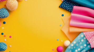 Colorful rolled fabrics on a bright yellow background arranged artistically photo