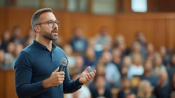 Motivational speaker engaging an audience in a large gymnasium during an event photo
