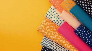 Colorful rolled fabrics on a bright yellow background arranged artistically photo