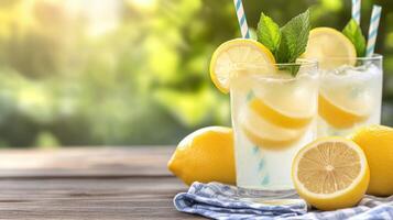 Refreshing lemonades with mint and lemon slices on a wooden table in the sunlight photo