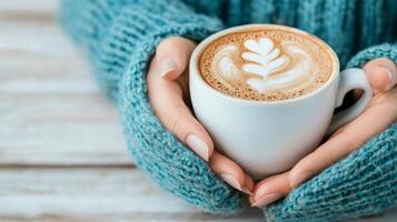 Warm hands holding a latte with heart-shaped foam art on a wooden table photo