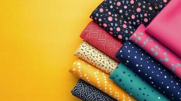 Colorful rolled fabrics on a bright yellow background arranged artistically photo