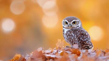 A spotted owl perched among colorful autumn leaves in a serene park at sunset photo