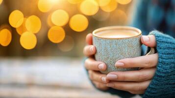 Warm hands holding a latte with heart-shaped foam art on a wooden table photo