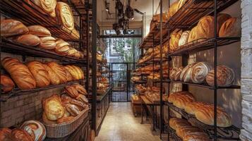 Artisan bakery interior filled with freshly baked loaves in a warm, inviting setting photo