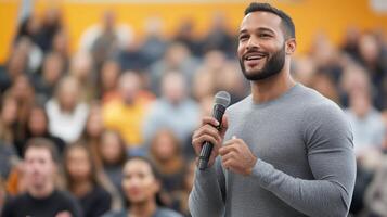 Motivational speaker engaging an audience in a large gymnasium during an event photo