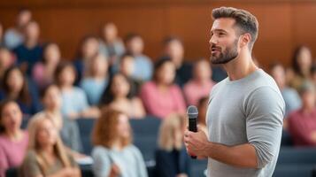 Motivational speaker engaging an audience in a large gymnasium during an event photo