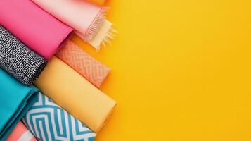 Colorful rolled fabrics on a bright yellow background arranged artistically photo