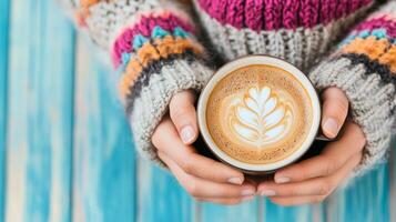 Warm hands holding a latte with heart-shaped foam art on a wooden table photo