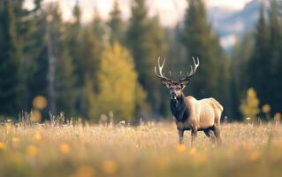 Elk standing in a serene meadow surrounded by evergreen trees during early morning light photo