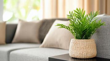Indoor plants in wicker pots on a dark sofa by the window during daylight hours photo
