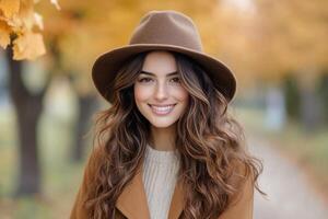 Young woman smiling in a brown hat during autumn in a wooded area photo