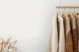 Cozy sweaters displayed on a wooden rack in a neutral-toned fashion setting photo
