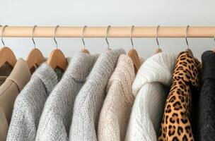 Cozy sweaters displayed on a wooden rack in a neutral-toned fashion setting photo