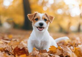 Cute puppy playing in colorful autumn leaves at a park photo