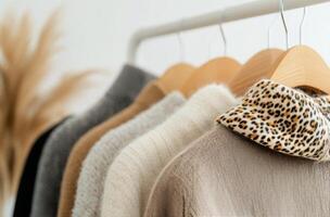 Cozy sweaters displayed on a wooden rack in a neutral-toned fashion setting photo