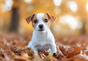 Cute puppy playing in colorful autumn leaves at a park photo