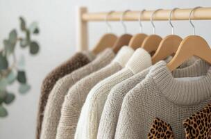 Cozy sweaters displayed on a wooden rack in a neutral-toned fashion setting photo