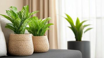 Indoor plants in wicker pots on a dark sofa by the window during daylight hours photo