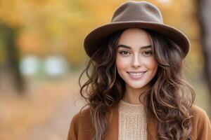 Young woman smiling in a brown hat during autumn in a wooded area photo