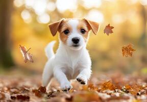 Cute puppy playing in colorful autumn leaves at a park photo
