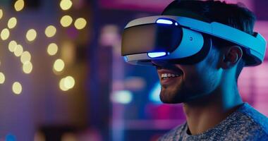 Young adult experiencing virtual reality gaming at an arcade during the evening photo
