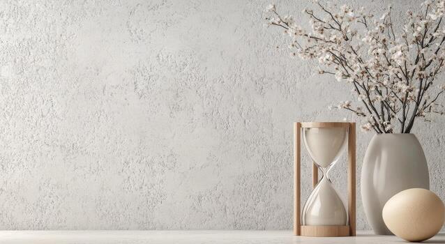 Elegant hourglasses and speckled eggs on a textured background photo