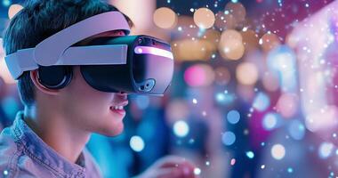 Young adult experiencing virtual reality gaming at an arcade during the evening photo