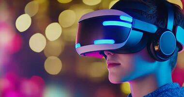 Young adult experiencing virtual reality gaming at an arcade during the evening photo