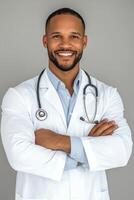 Confident doctor in a white coat smiles warmly in a clinical setting photo