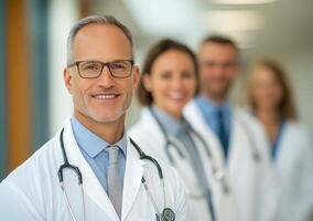 Smiling doctor in white coat leading a group of healthcare professionals in a modern clinic photo