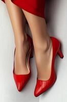 Glossy red high heels on white background showcasing sleek design and elegant style photo
