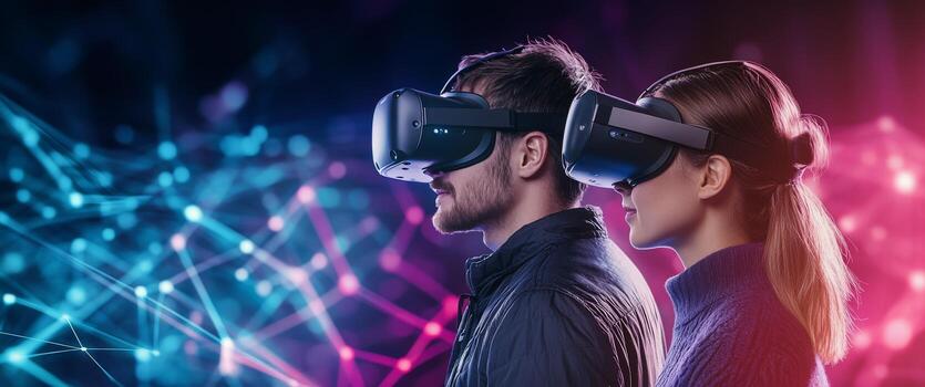 Two individuals exploring virtual reality in a vibrant digital environment at night photo