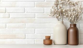 Minimalist decor featuring cherry blossom branches in vases beside a blank frame photo