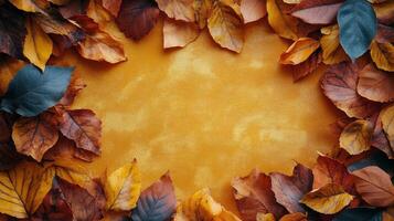 Colorful autumn leaves arranged around a textured background photo