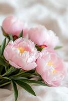 Fresh bouquet of pink peonies in a sunlit room with soft background photo