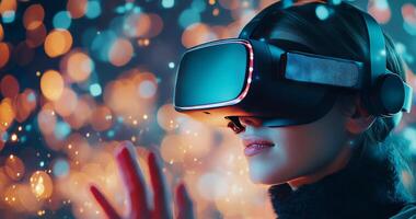 Person wearing virtual reality headset in colorful light display at night photo