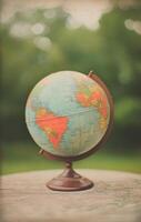 Vintage globe on stand with world map in the background photo