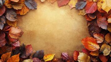 Colorful autumn leaves arranged around a textured background photo