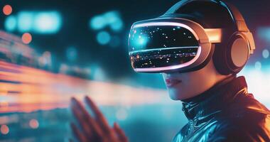 Person wearing virtual reality headset in colorful light display at night photo