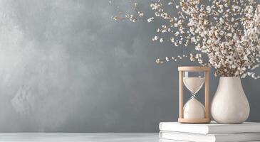 Elegant arrangement of dried flowers and hourglass on a calm gray background photo